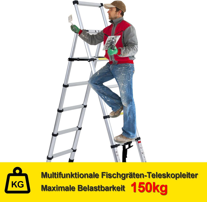 Fiqops 1,4m+1,7m Teleskopleiter aus Aluminium, 4+5 Stufen Klappleiter A-Rahmen Mehrzweckleiter Stehl