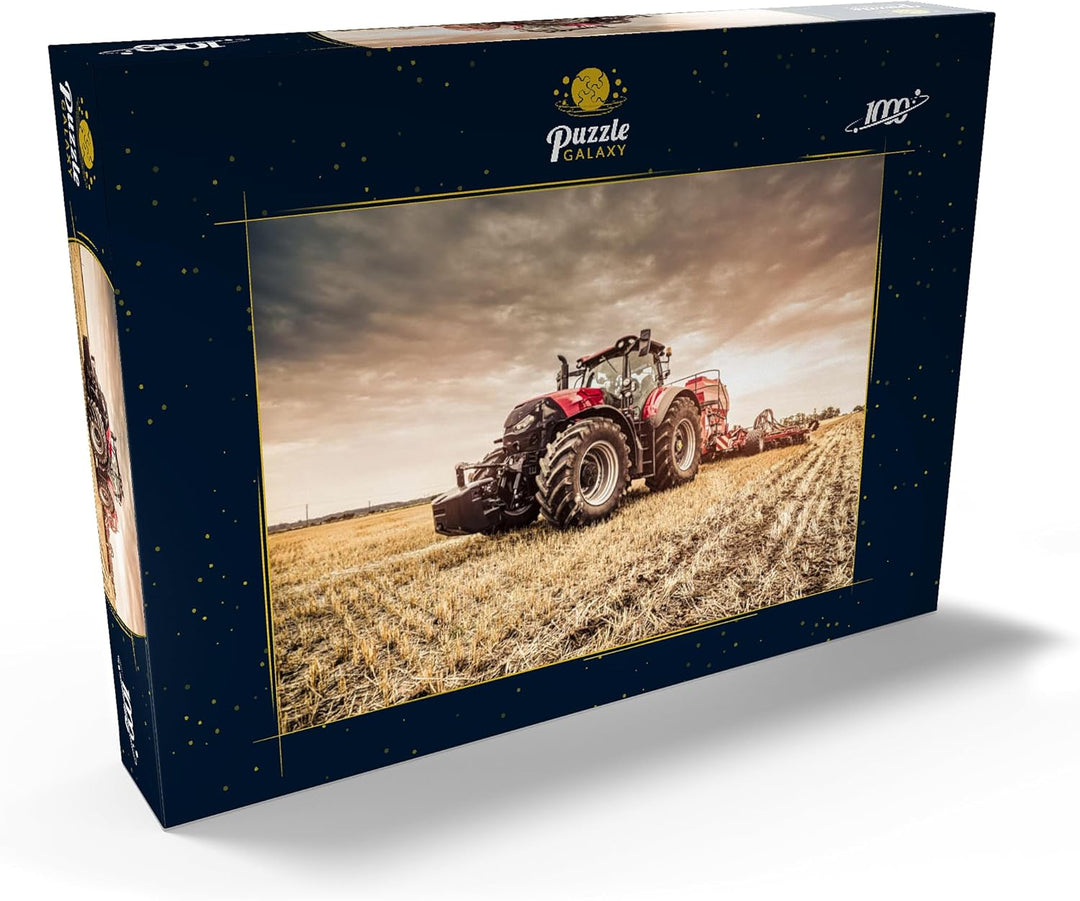 Moderner roter Traktor bei der Einsaat - Premium 1000 Teile Puzzle - MyPuzzle Sonderkollektion von P