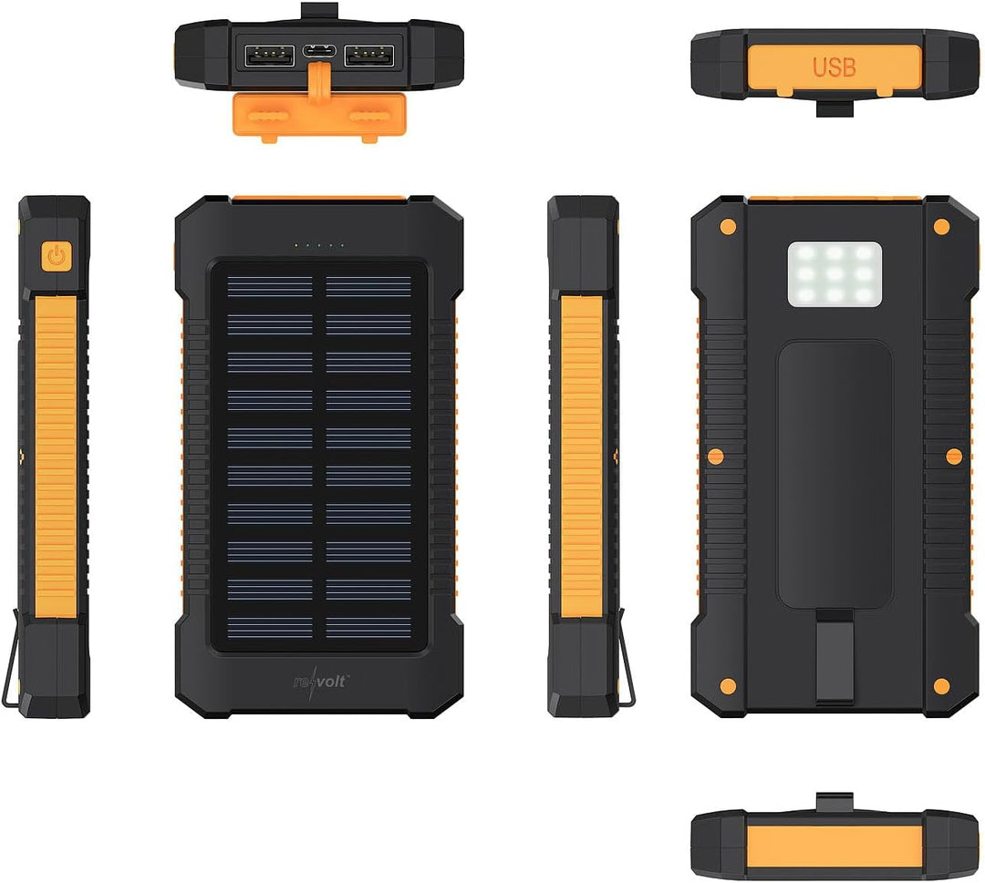 revolt Solar Ladegerät Handy: Solar-Powerbank, 8.000 mAh, 2X USB 2A, Typ-C-Input, IP65, LED-Lampe (S
