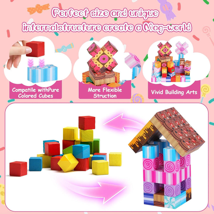 Magnetische Bausteine - 100 Pcs Magnet Spielzeug, Magnetic Blocks Bauen Fantasiewelt - Süssigkeitenw