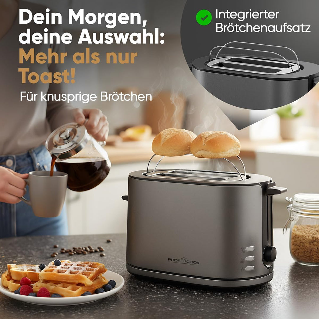 ProfiCook® Toaster 2 Scheiben mit Brötchenaufsatz | mattes Edelstahlgehäuse | 900W | extra breite To