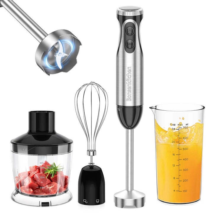 Bonsenkitchen Pürierstab, 4-en-1 Stabmixer Elektrischer, 1000W Stufenlos Geschwindigkeiten, Edelstah