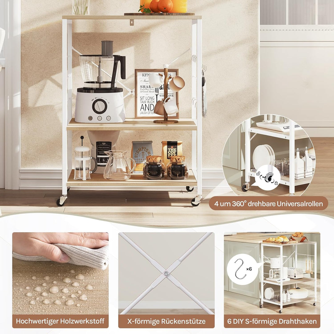 WOLTU Küchenregal auf Rollen, Mikrowellen-Regal mit 3 Ablagen & 4 Haken, dreistufiger Servierwagen m