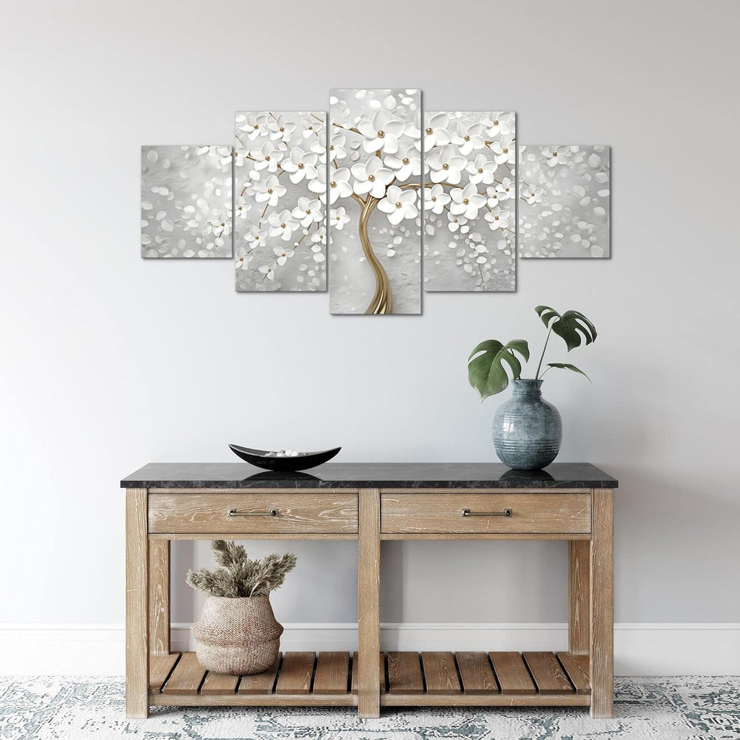 Runa Art Wandbilder Blumen 5 Teilig Bild auf Vlies Leinwand Deko Wohnzimmer Abstrakt Baum Weiss Gold