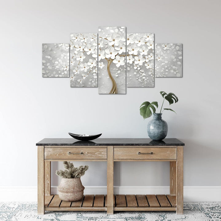 Runa Art Wandbilder Blumen 5 Teilig Bild auf Vlies Leinwand Deko Wohnzimmer Abstrakt Baum Weiss Gold