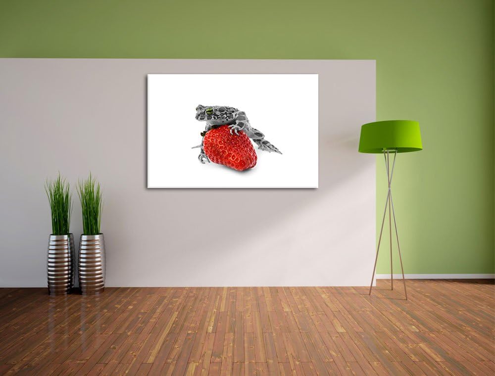 kleiner Frosch auf Erdbeere schwarz/weiss Format: 100x70 auf Leinwand, XXL riesige Bilder fertig ger