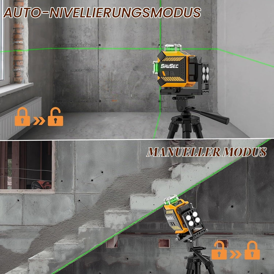 Kreuzlinienlaser, SAVSEC 3x360 Laser Wasserwaage mit Einstellbarer Helligkeit, Grün Selbstnivelliere