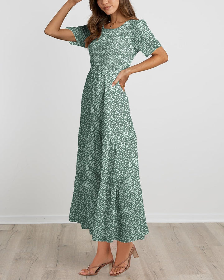 BTFBM Lässiges Sommerkleid für Damen, kurzärmelig, mit Rundhalsausschnitt, Boho-Stil, mit Blumendruc