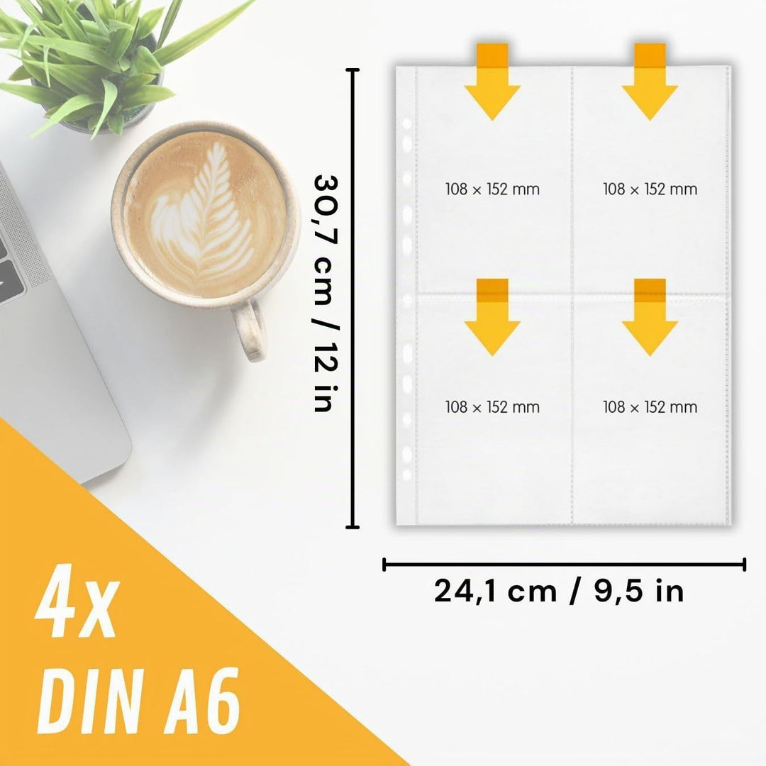 perfect line • 100 Sammelhüllen DIN-A4, 4-geteilt, Fotohüllen transparent, Prospekthüllen Glasklar,