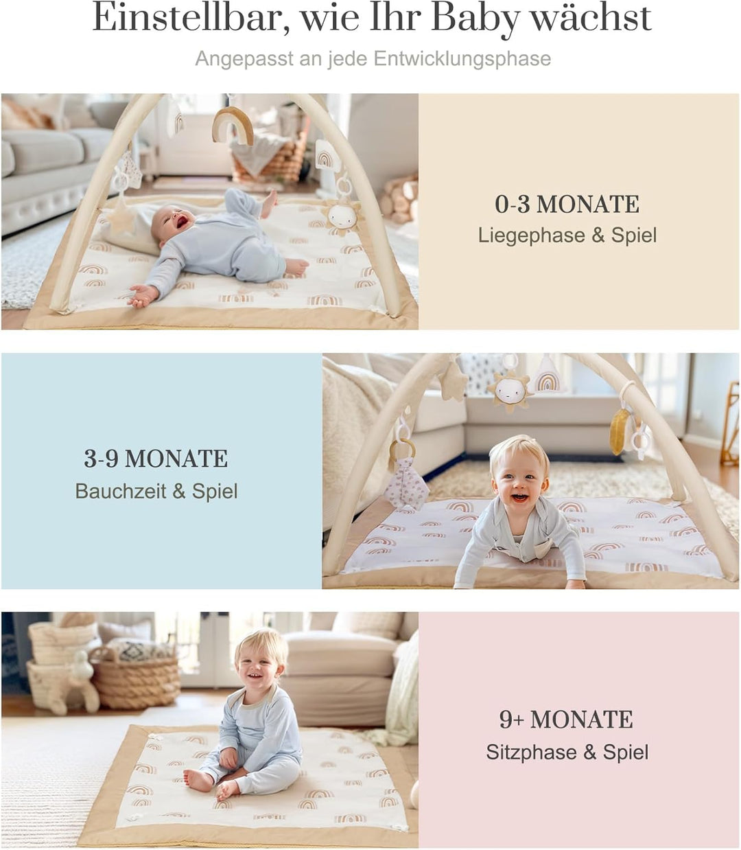 Mallify - Spielmatte für Babys mit Krabbeldecke, 6 abnehmbaren sensorischen Spielzeugen und 12 bunte