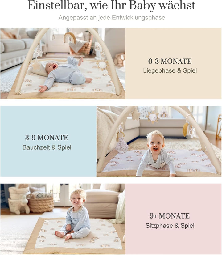 Mallify - Spielmatte für Babys mit Krabbeldecke, 6 abnehmbaren sensorischen Spielzeugen und 12 bunte