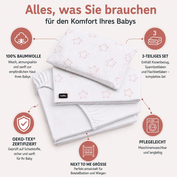 Bubblin Sheets Next to Me kompatibel 83x50 cm 3er Set: Kissenbezug + Top Sacklaken + Matratzenbezug