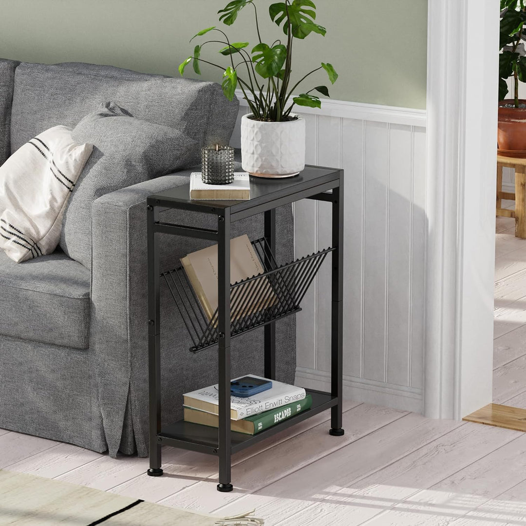 Schmaler Beistelltisch, 3 Ablagen Nachttisch Schmal mit Zeitschriftenhalter, Sofa beistelltisch, Cou