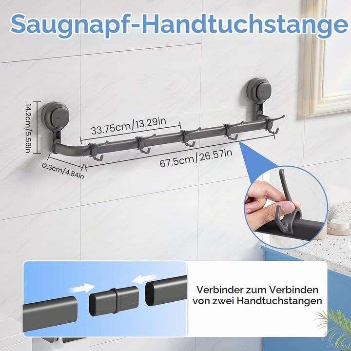 Luxear Handtuchhalter Ohne Bohren, 30cm/60cm verstellbare Handtuchstange Saugnapf für Bad Küche, 5 a