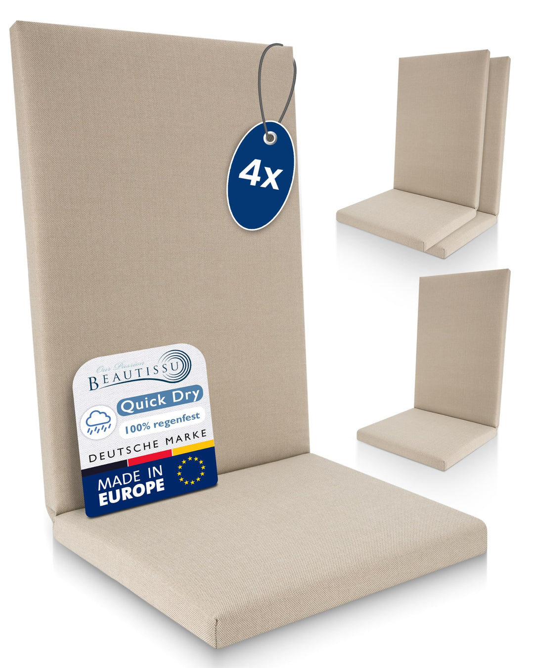 Beautissu 4er Set Premium Hochlehner Auflage 100% Wasserdicht 120x50cm – UV-beständig Bequem Pflegel