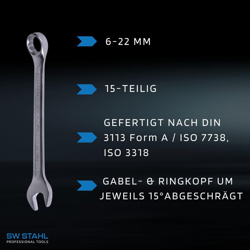 SW-Stahl 00162L Gabelringschlüsselsatz 6-22 mm, 15-teilig I Maulschlüssel-Set I Ringschraubenschlüss