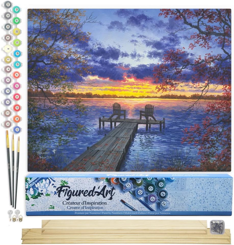 Figured'Art Malen Nach Zahlen Erwachsene Mit Rahmen Eine Abenddämmerung am Flusssteg - Paint by Numb
