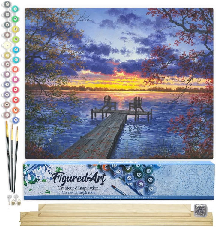 Figured'Art Malen Nach Zahlen Erwachsene Mit Rahmen Eine Abenddämmerung am Flusssteg - Paint by Numb