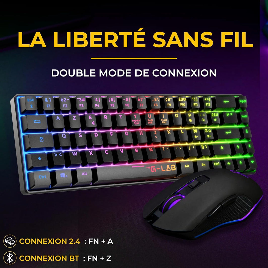 The G-Lab Combo Hydrogen WL Gaming-Tastatur, kabellos, 60% AZERTY FR RGB – Gaming-Maus 7200 DPI – Du