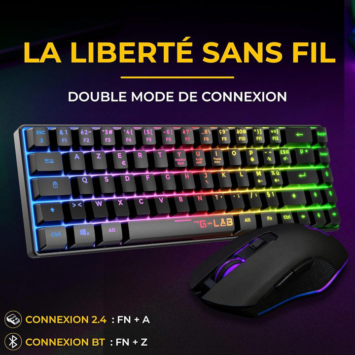 The G-Lab Combo Hydrogen WL Gaming-Tastatur, kabellos, 60% AZERTY FR RGB – Gaming-Maus 7200 DPI – Du