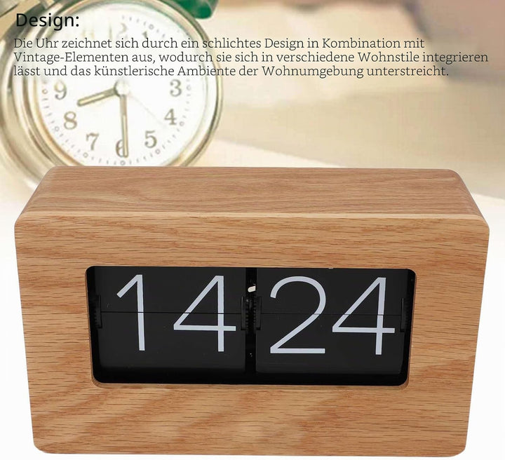 Qcwwy Flip-Uhr Retro mit Holzdesign, Automatische Klappmechanik Digitaluhr, Geräuschlose Tischuhr im