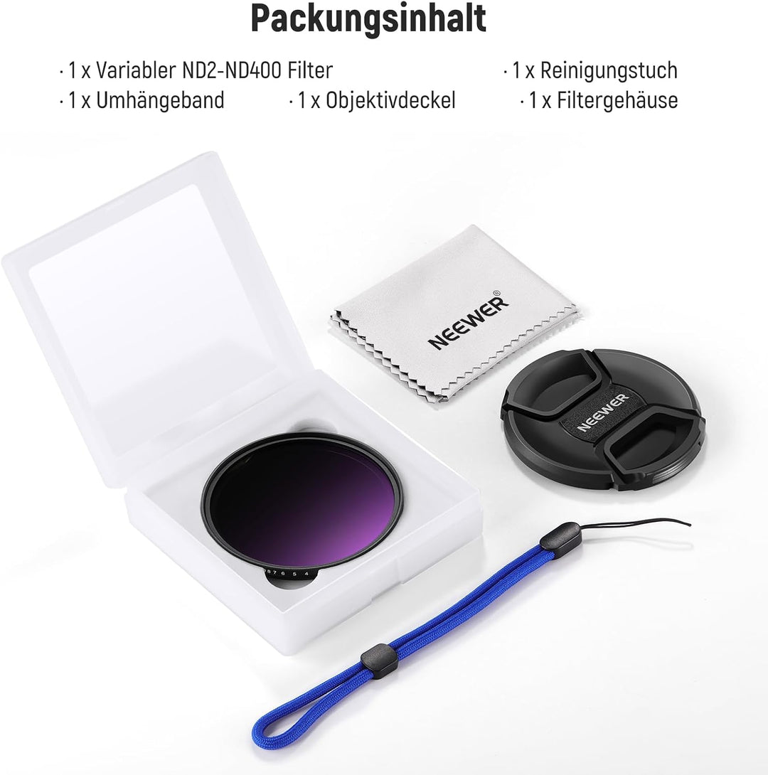 NEEWER 67mm ND2-400 (1-9 Stop) Variabler ND Filter mit Objektivdeckel Trageband Reinigungstuch präzi