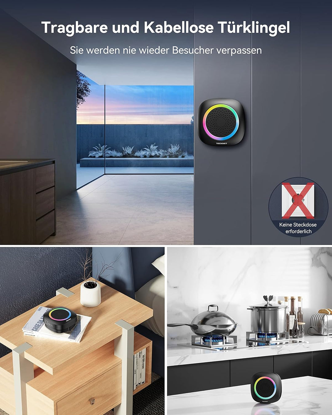 TECKNET Funkklingel, Kabellose Türklingel Batteriebetrieben mit RGB Licht, 60 Melodien, IP66 Wasserd