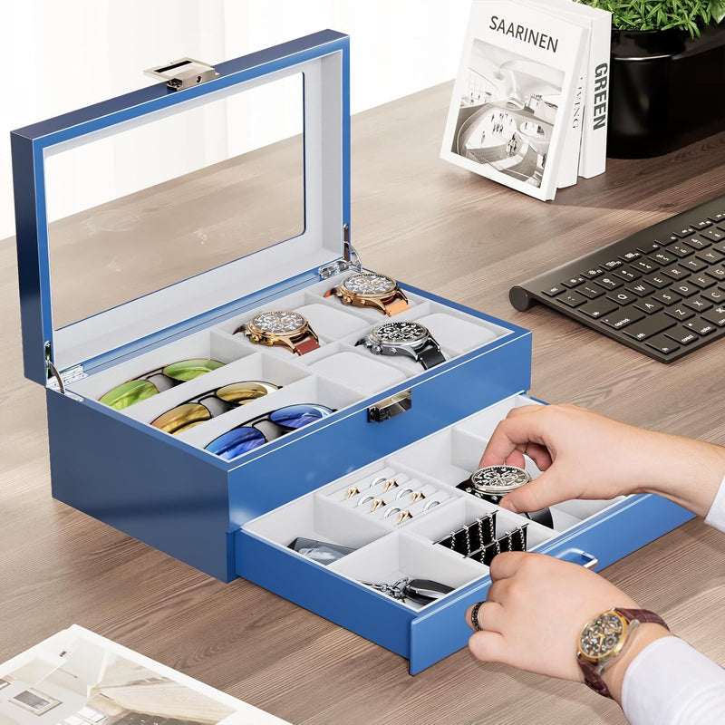 ProCase Uhrenbox aus Holz mit 6 Fächern, Uhren und Sonnenbrillen Aufbewahrung mit 2 Ebenen, Schmuckk