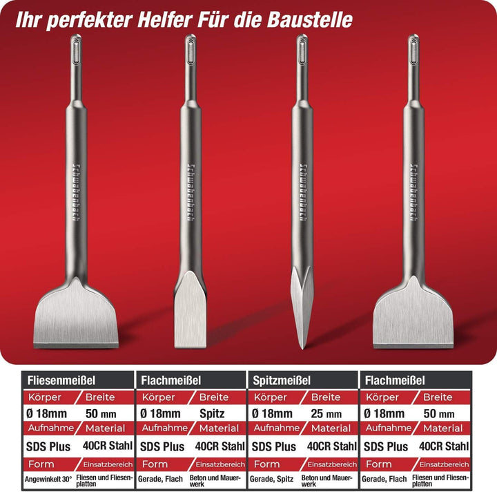 SCHWABENBACH ® SDS PLUS Bohrer- und Meissel-Set 11tlg 7x Betonbohrer 6-14 mm + 4x Meissel Kompatibel