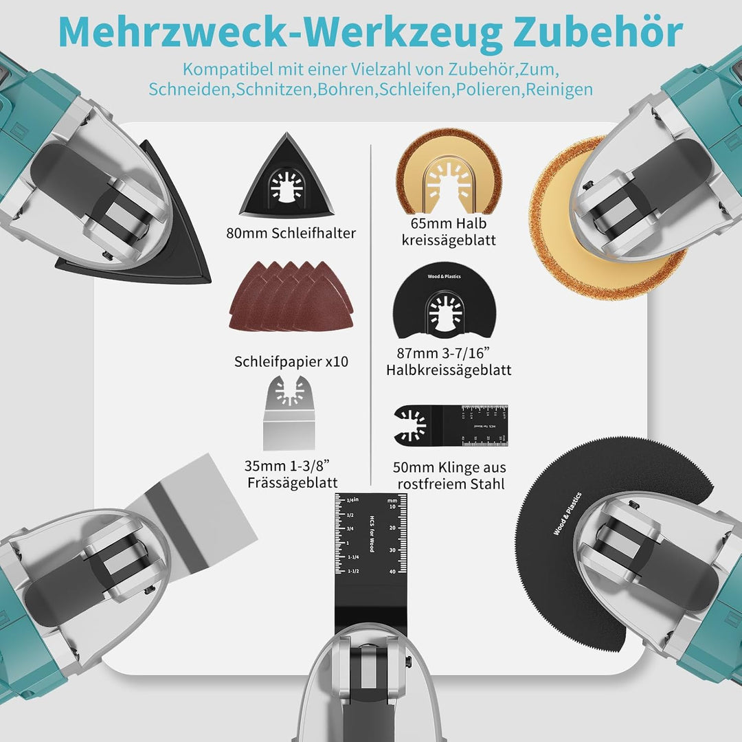 Akku Multifunktionswerkzeug Kompatibel mit Makita Akku 18V, 6-Gang Oszillierwerkzeug mit 16 Zubehört