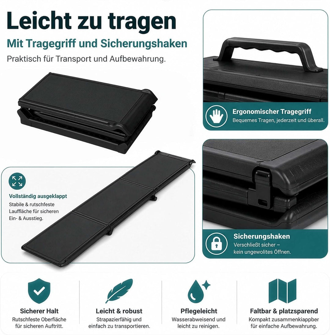 Wiltec Hunderampe 180 x 40 cm 50 kg 3-Fach faltbar rutschfeste Autorampe für Hunde, klappbare Einsti
