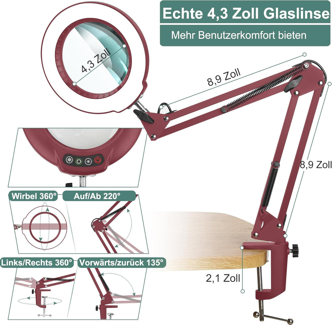 Veemagni 10X Echtes Glas Lupe mit Licht, 5 Farbmodi Stufenlos Dimmbar, Verstellbarer Schwenkarm LED