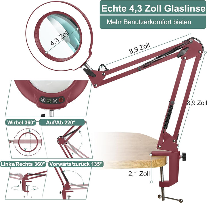 Veemagni 10X Echtes Glas Lupe mit Licht, 5 Farbmodi Stufenlos Dimmbar, Verstellbarer Schwenkarm LED