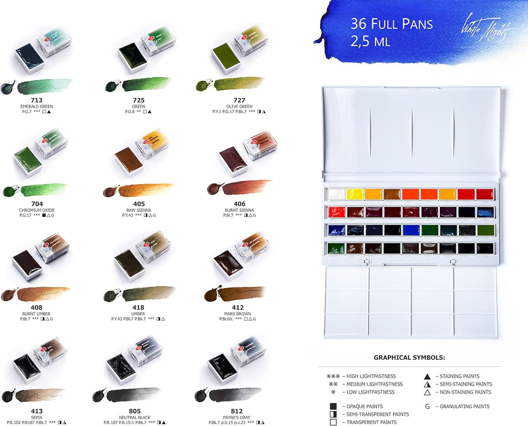 Honsell White Nights russische Künstler-Aquarellfarben im Set, Farben in ganzen Näpfchen im Kunststo