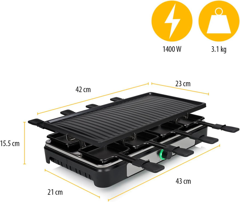 Tristar Raclette – 8 Personen – Kochfläche 42 x 23 cm – Einstellbarer Thermostat mit Lichtring – 140