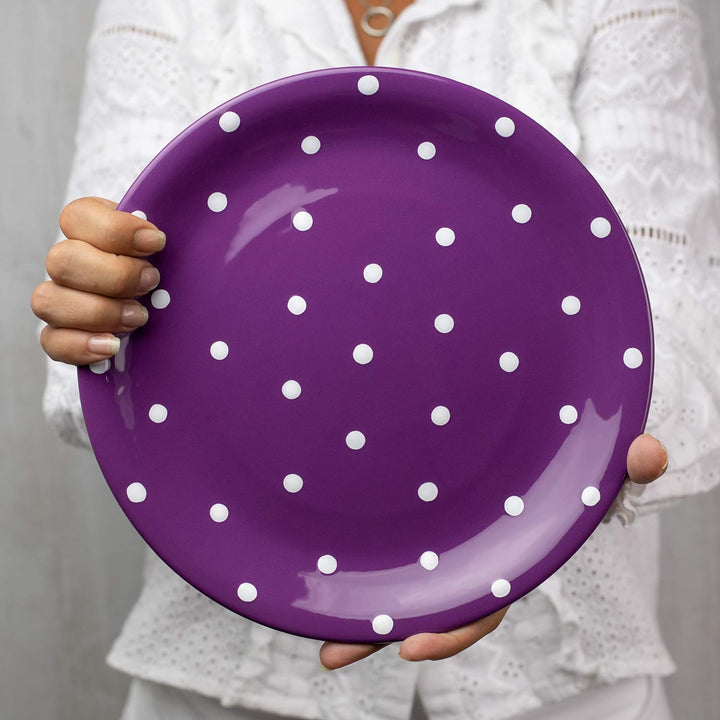 City to Cottage® - Keramik Teller 25.5 cm | Lila und Weiss | Polka Dots | Handgemacht | Grosser Spei