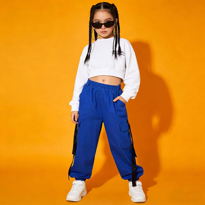 Rolanko Mädchen Hip Hop Hose Kinder Cargohose Elastische Jogginghose für Streetwear Tanz Blau 6-7 Ja