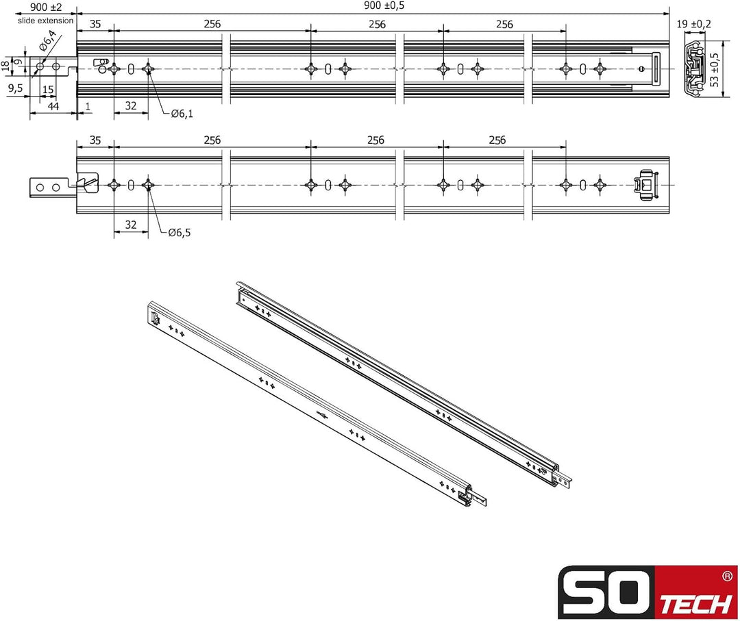1 Paar SOTECH Schwerlastauszüge VarioSlide KV2-100-H53-L900-EH 900 mm mit Lock-in/out Einrastfunktio