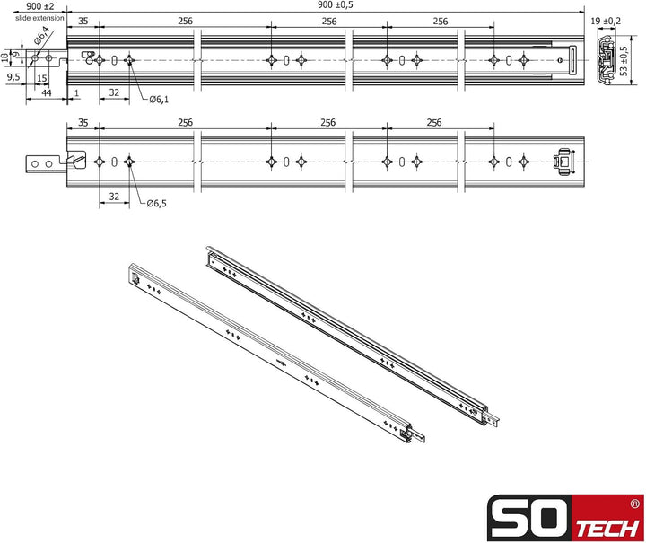 1 Paar SOTECH Schwerlastauszüge VarioSlide KV2-100-H53-L900-EH 900 mm mit Lock-in/out Einrastfunktio