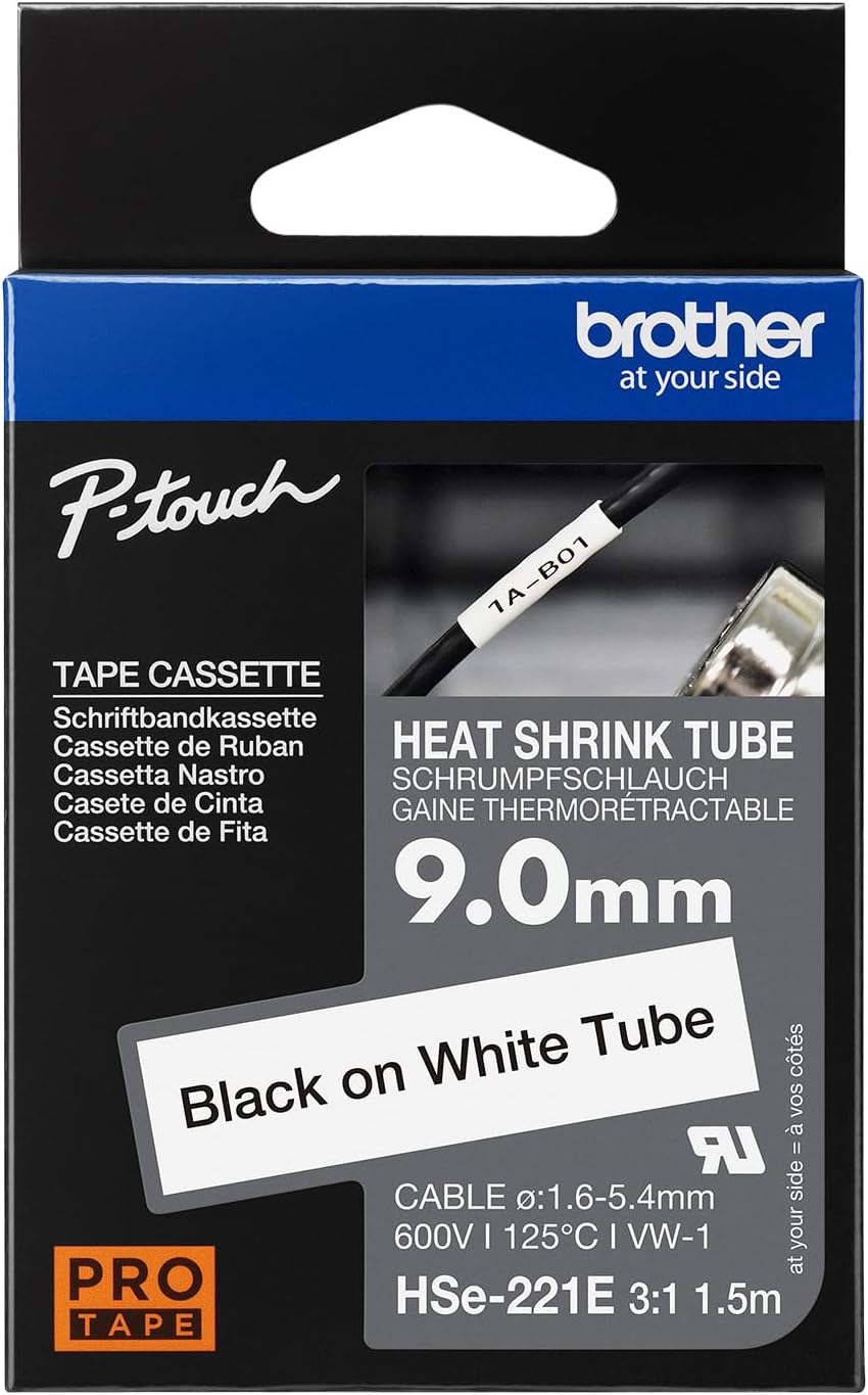 Brother Original Pro Tape HSe-221E Schrumpfschlauch – schwarz auf weiss