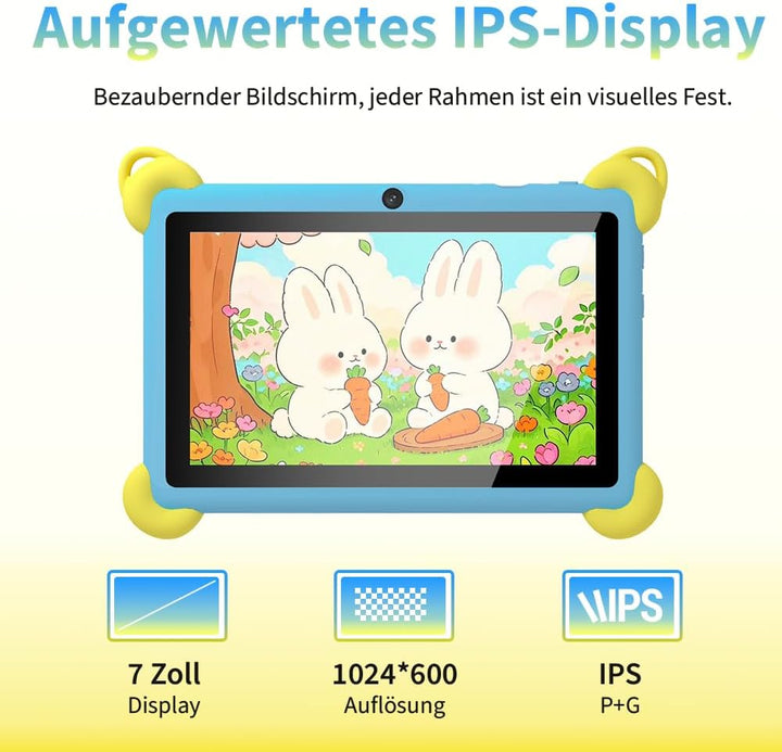 Veidoo 7-Zoll Android Kinder-Tablet, 2+32 GB, Dual-Kameras, stossfeste Hülle, integriertes Hasen-Stä