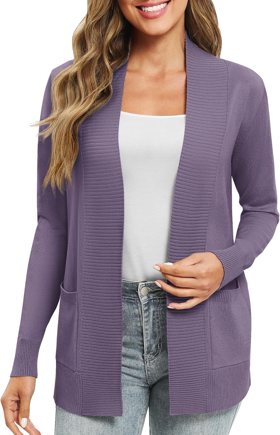 EXCHIC Damen Lange Ärmel Gestrickt Strickjacke Leicht Gemütlich Offene Vorderseite Lange Freizeitjac