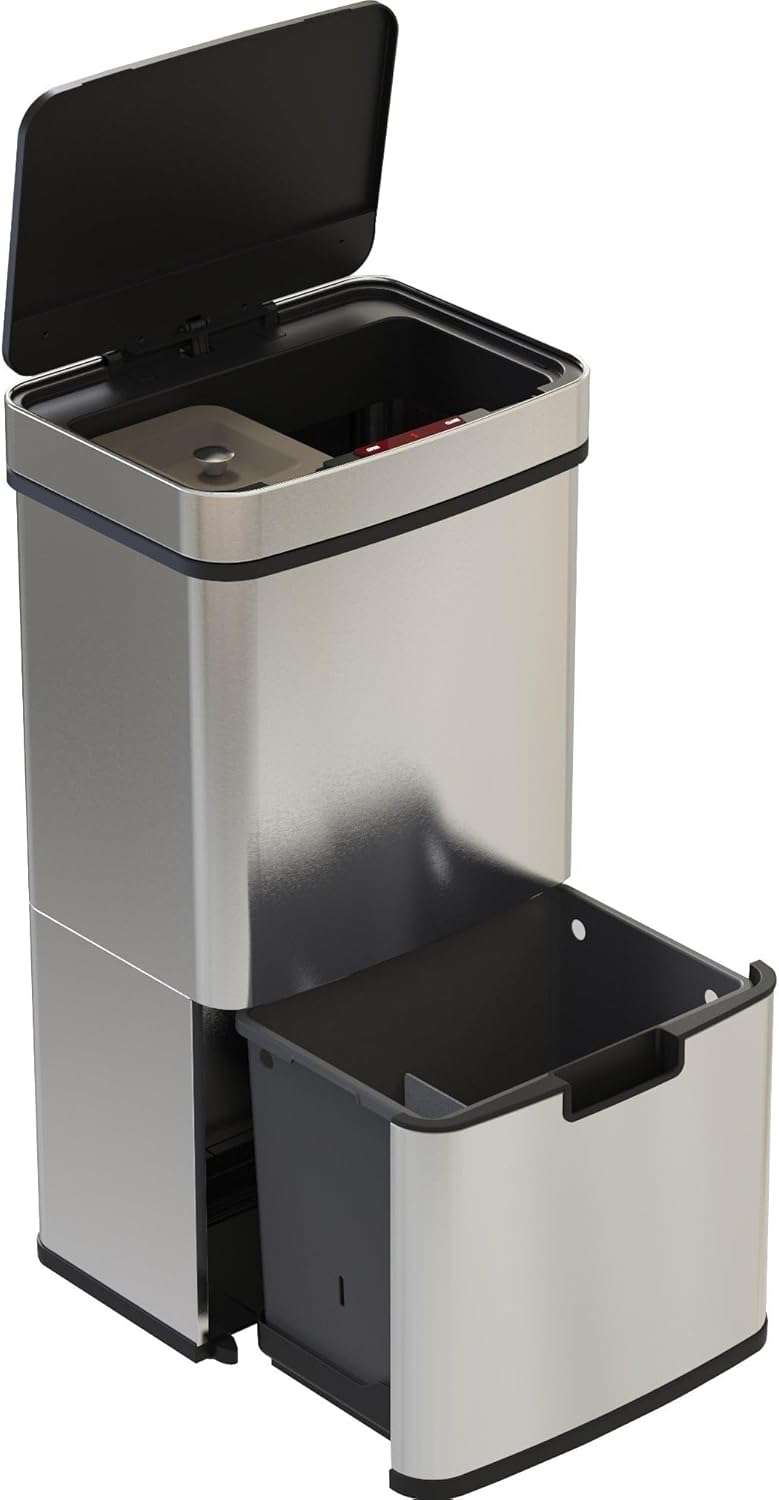 NARVIK Automatic Kitchen Bin Double Compartment 75l Edelstahl Recycling grosse Kapazität und 3l Tabe