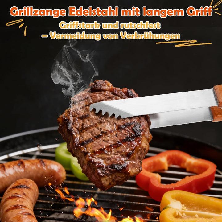 7-in-1 Grillbesteck Set, Multifunktionales Grillspachtel mit Grillzange Edelstahl, BBQ Grill Zubehör