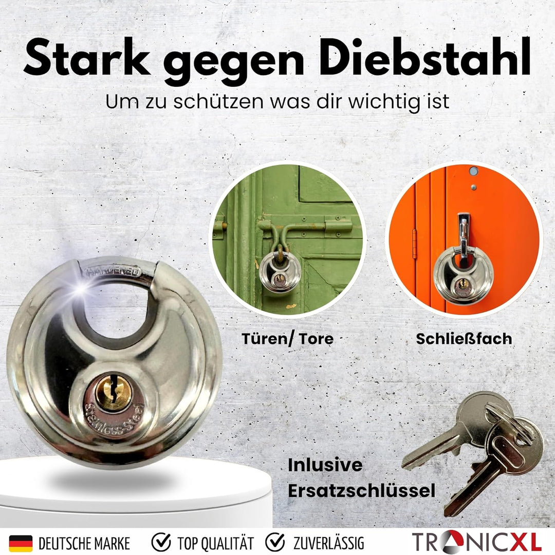 TronicXL Rundbügelschloss Sicherheits Vorhängeschloss 10mm Bügelstärke Edelstahlkorpus I Messingschl