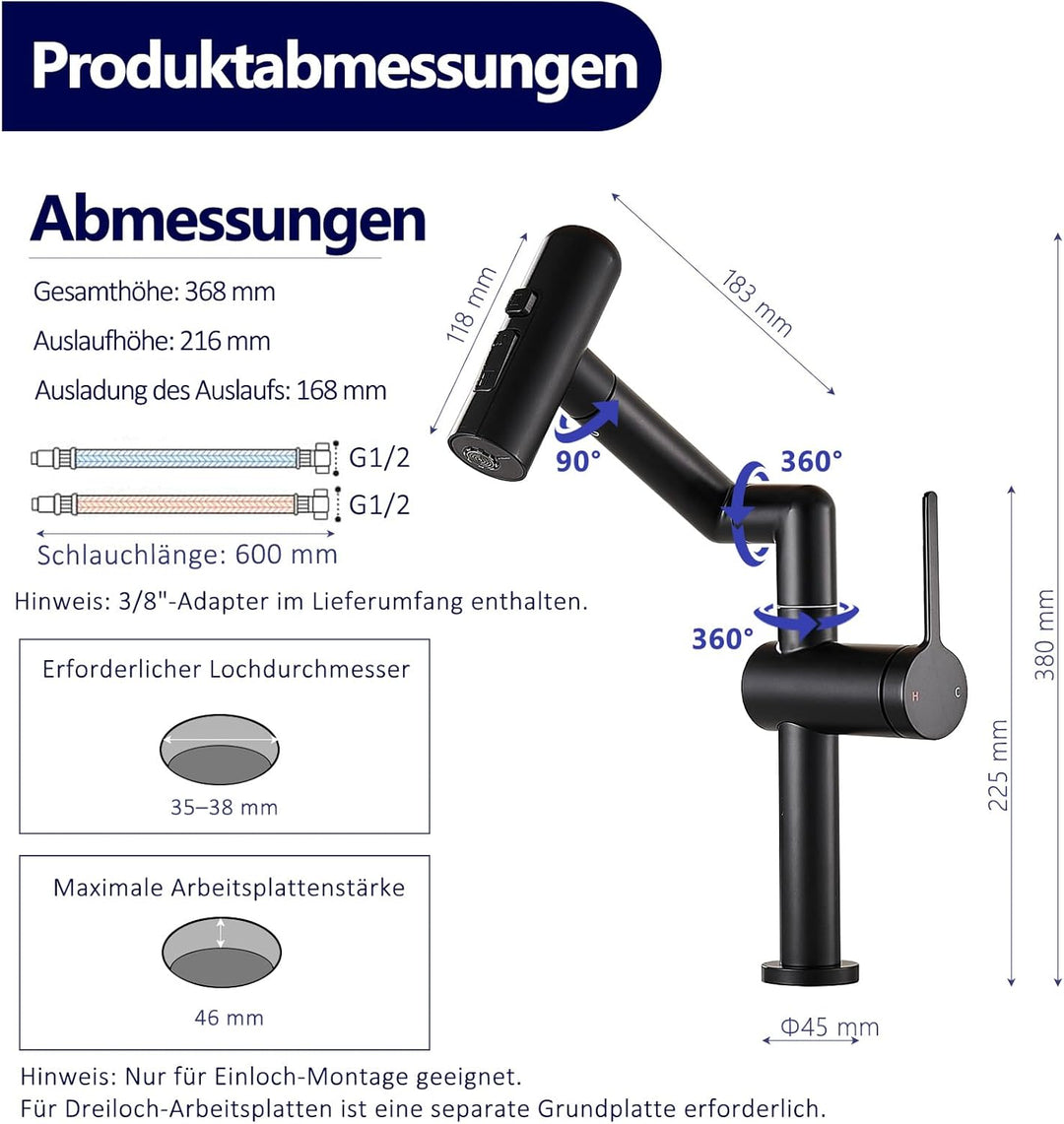 Waschtischarmatur Schwarz, 360° Drehbar mit 4 Wassermodi, Wasserhahn Bad aus 304 Edelstahl, Schwenka