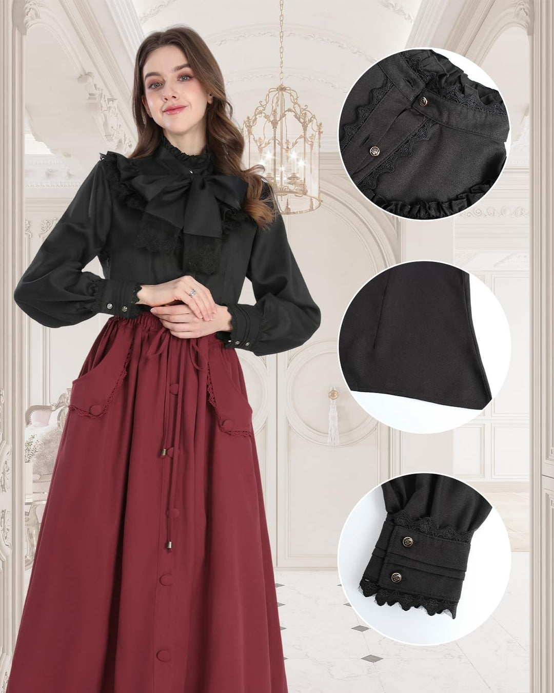 CR ROLECOS Schleifenhemd Stehkragen mit Ruff Langarmshirt Mittelalter Bluse rüschen Button Down Top