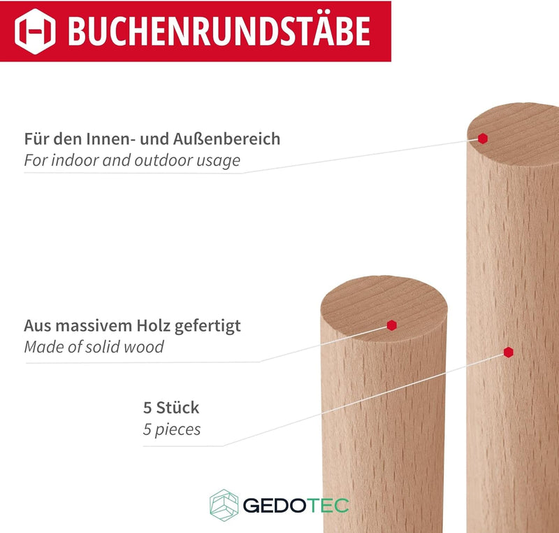 Gedotec Buchen-Rundstab glatt | Rundhölzer | Bastelstäbe 25 x 1000 mm | 5 Stück | Holzstäbe aus Buch