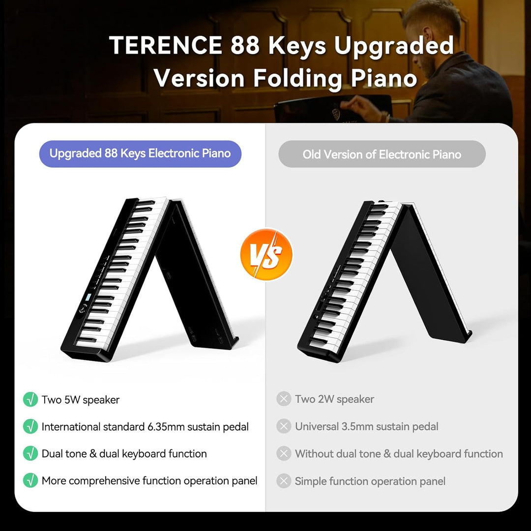 TERENCE Faltbares Piano mit 88 Tasten 1750mAh Akku Halbgewichtete Tastatur mit Display Sustain-Pedal