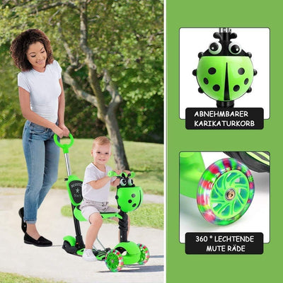 YOLEO 5-in-1 Kinder Roller Scooter mit Abnehmbarer Karikaturkorb Sitz Schubstange LED grosse Räder B